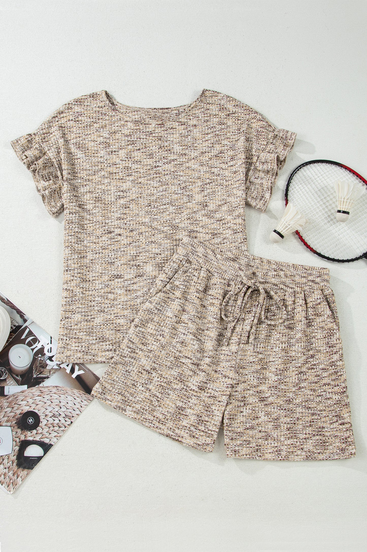 Khaki Heather Textured Ruffle Sleeve Top & Drawstring Shorts Set