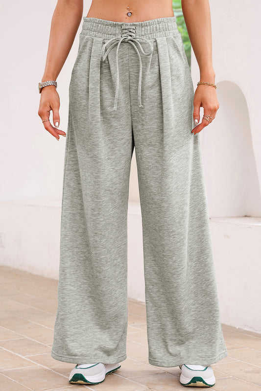 Gray High Waist Pleated Tie Waist Sweatpants