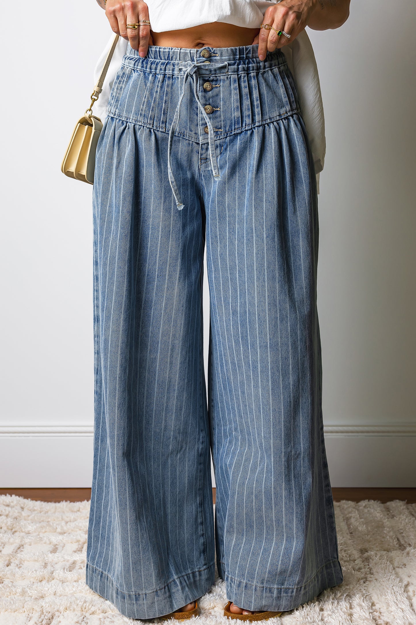 Blue Stripe Button Detail Drawstring Wide Leg Jeans – Women Sizes 4–16