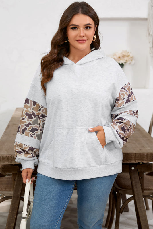 Camo Patchwork Asymmetric Sleeve Hoodie | Plus Size | Light Grey | 1X–4X