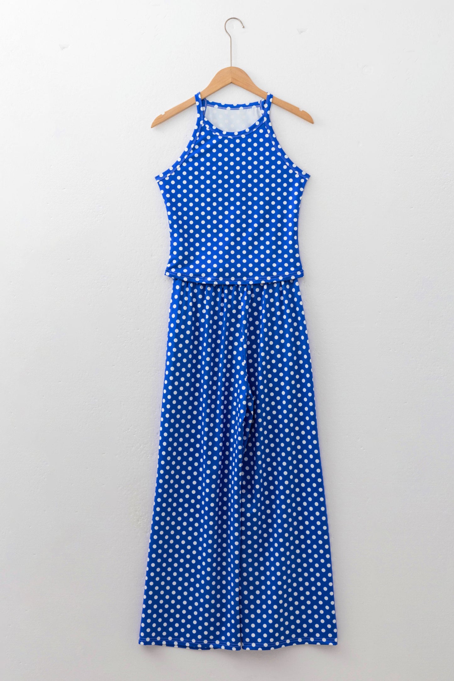 Womens Blue Polka Dot Halter Tank and Wide Leg Pants Set S to XL