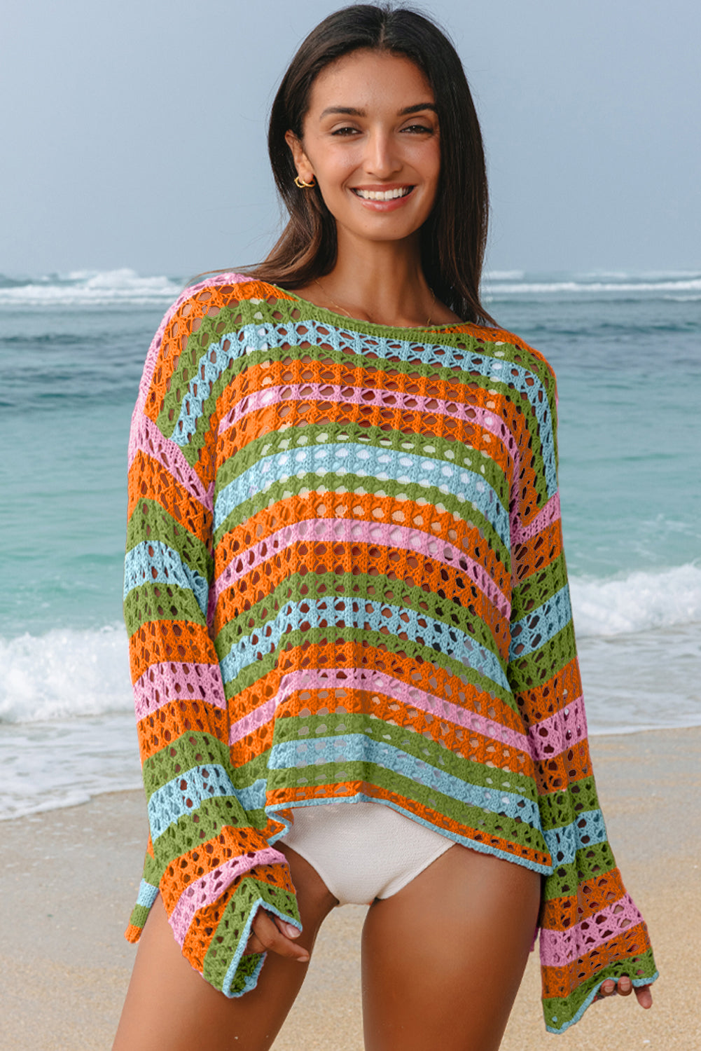 Multi-Stripe Open Knit Long-Sleeve Beach Cover-Up | Carrot & Purple