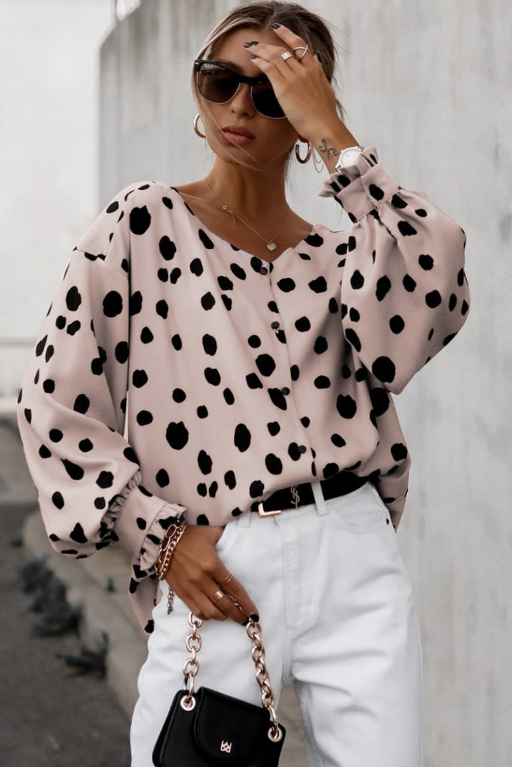 Blush Pink Polka Dot Puff Sleeve Frill Cuff Oversized Blouse