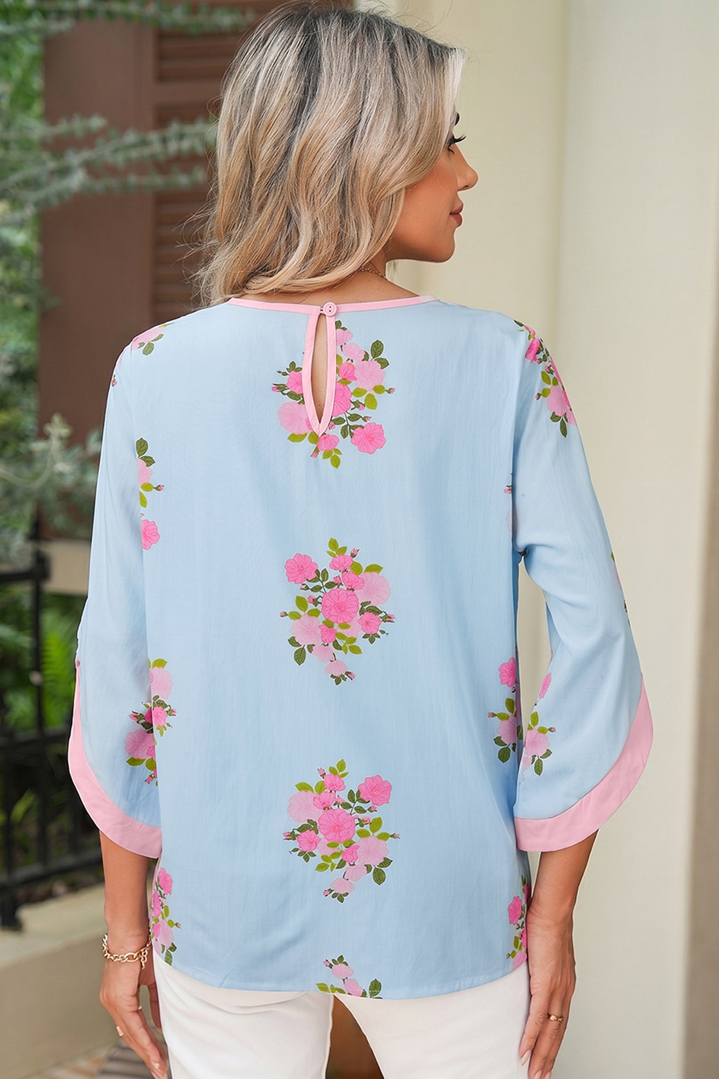Floral Print 3/4 Sleeve Button Detail Blouse Women S–XL
