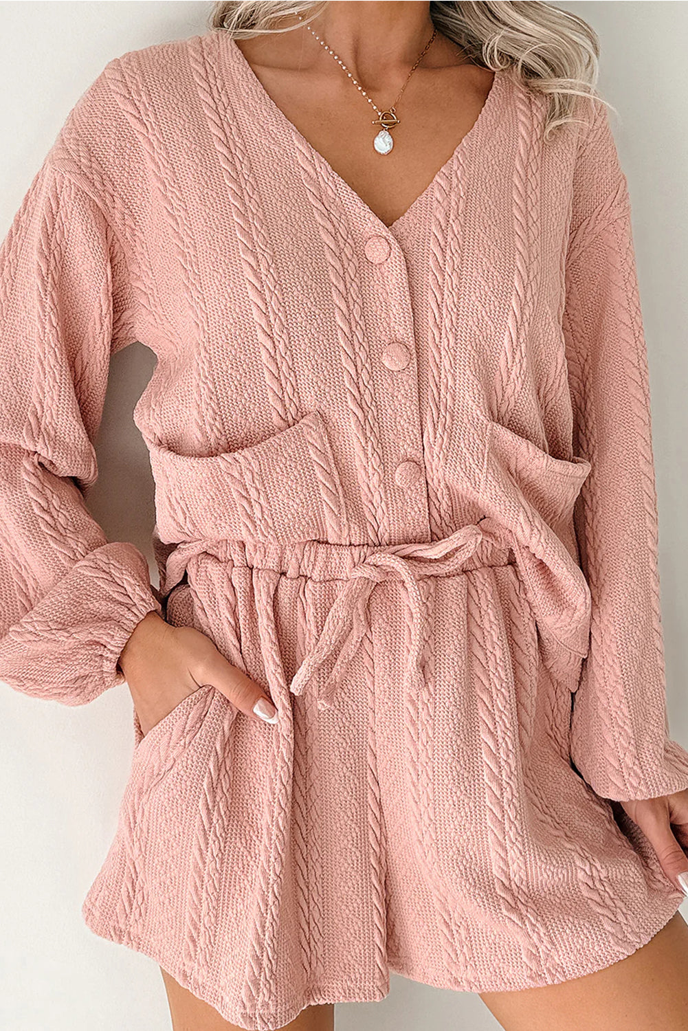 Pink Cable Knit V-Neck Cardigan and Shorts Set