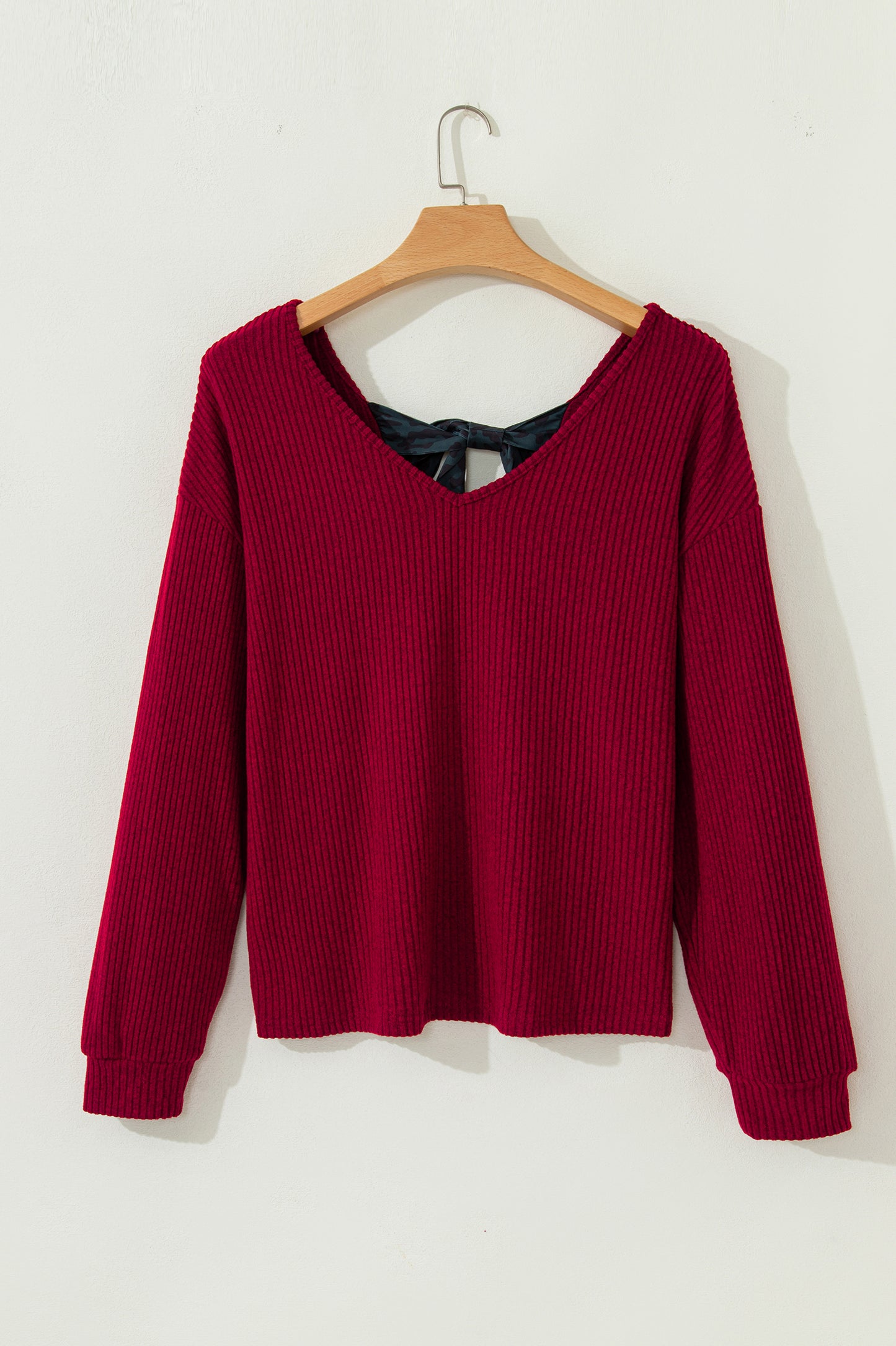 Ribbed V-Neck Bow Back Drop Shoulder Top in Racing Red
