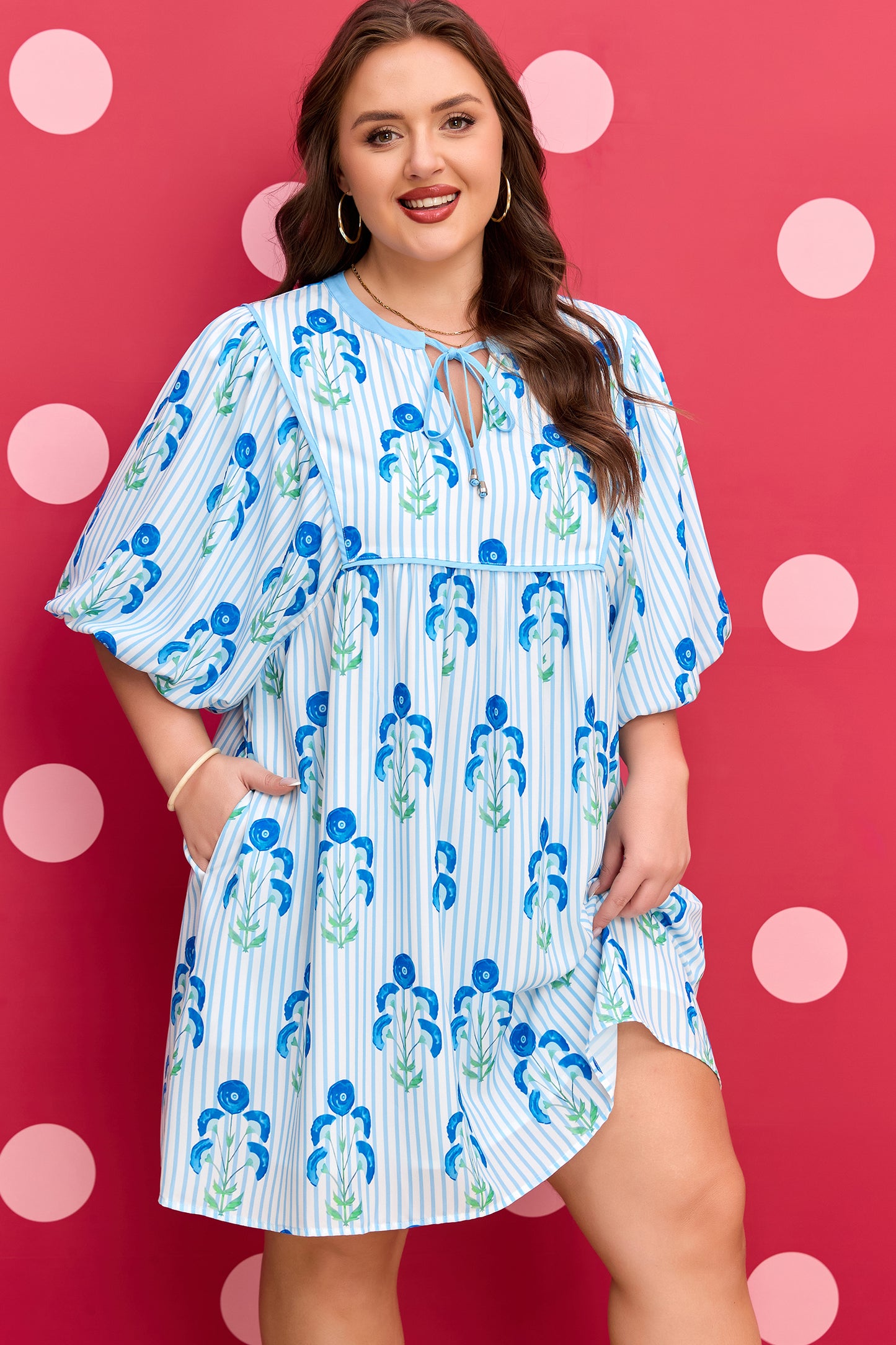 Plus Size Light Blue Floral Bubble Sleeve Dress 1X–4X
