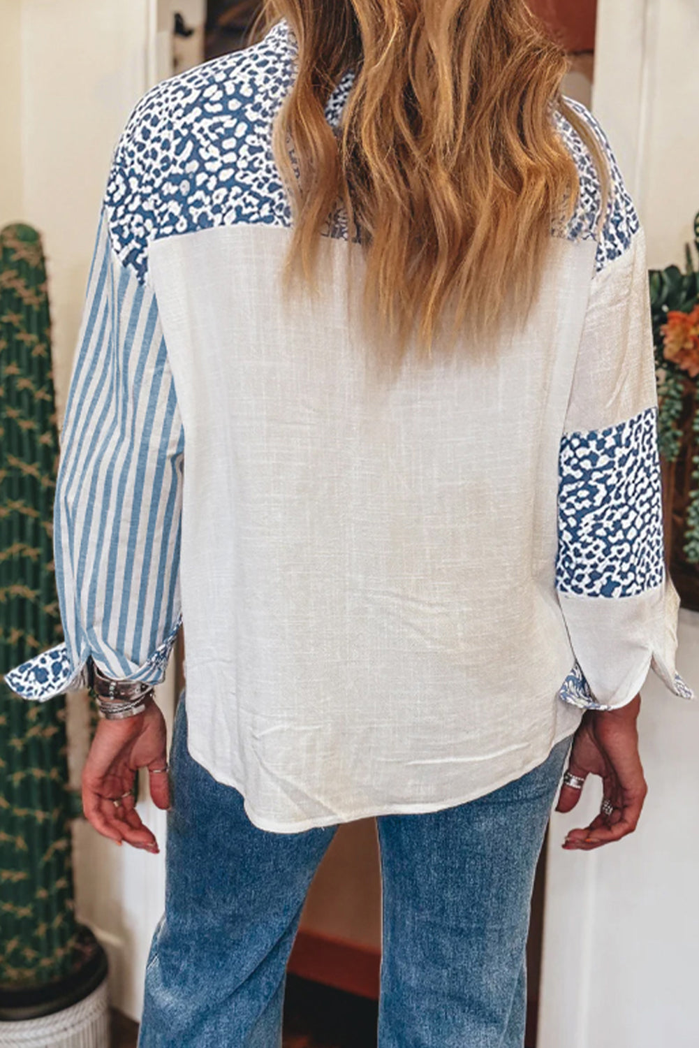 Leopard Stripe Patchwork Button Front Pocket Western Shirt