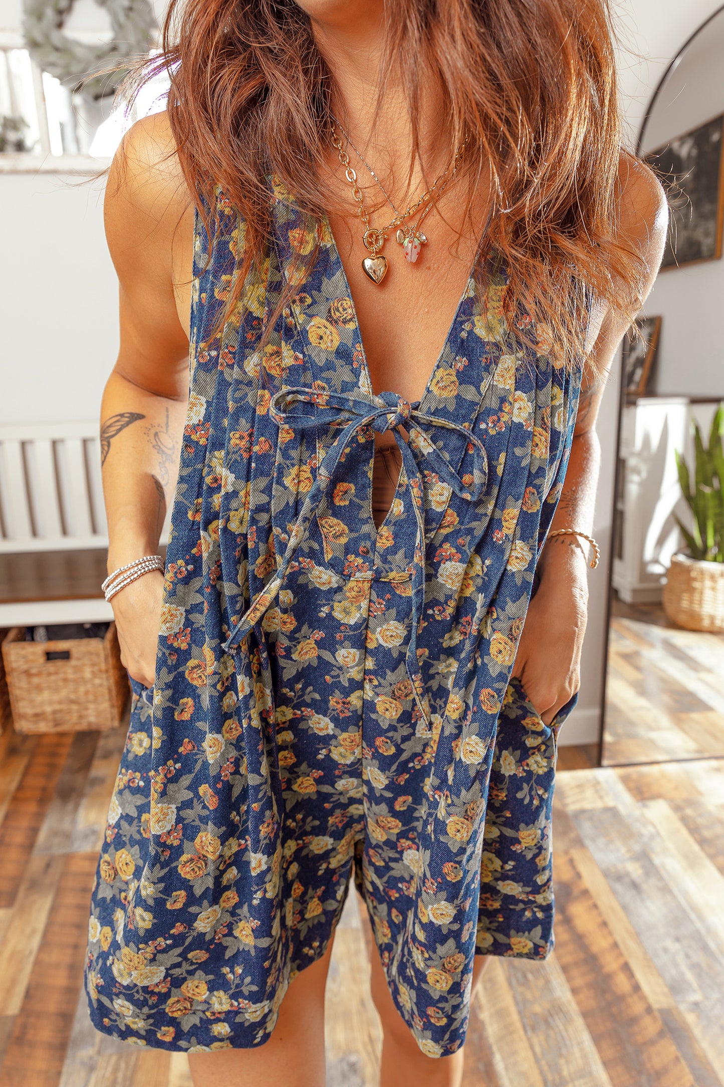 Floral Denim Romper with Bow Tie V-Neck – Women S–XL