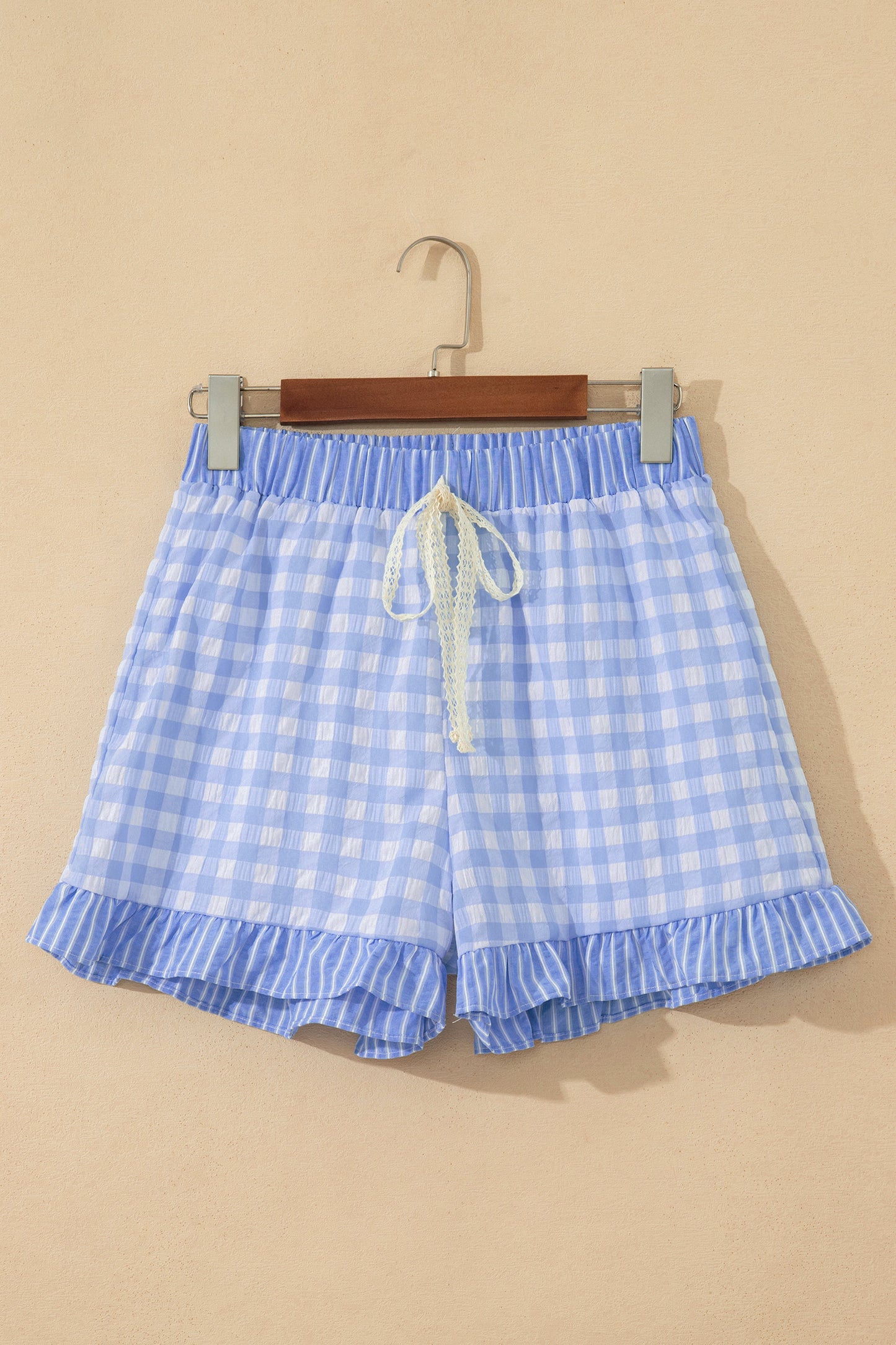 Plaid Print Ruffle Shorts with Striped Detail & Lace Tie | Women S–XL