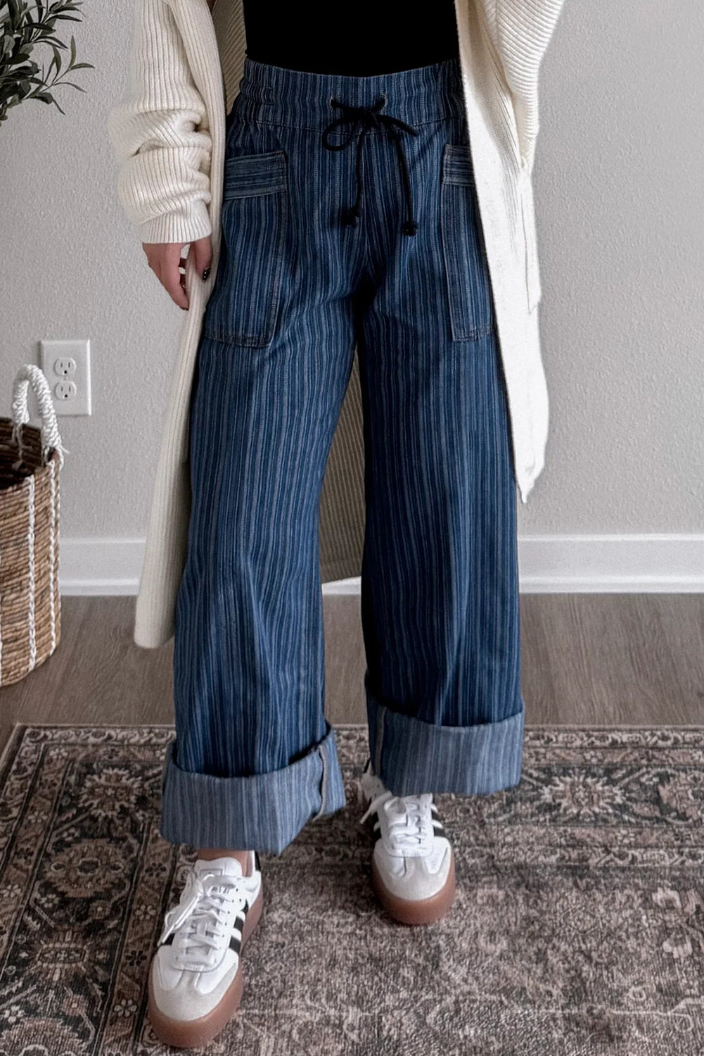 Blue Stripe Contrast Drawstring Pocketed Loose Jeans