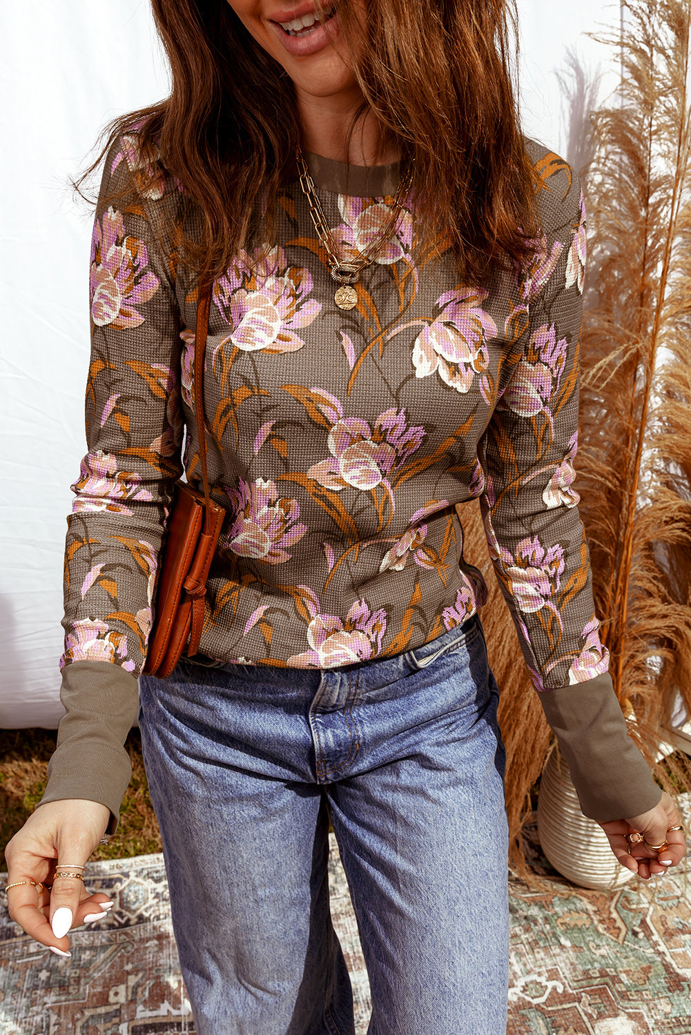 Floral Waffle Knit Long Sleeve Top Women S–XL