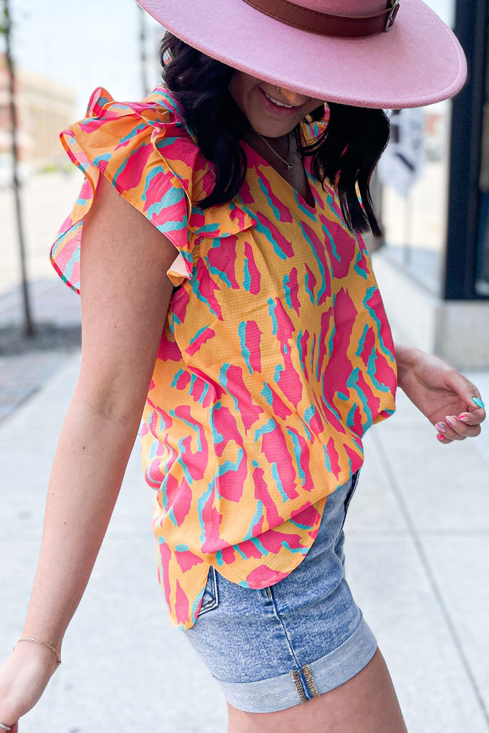 Abstract Print V-Neck Double Ruffle Sleeve Blouse