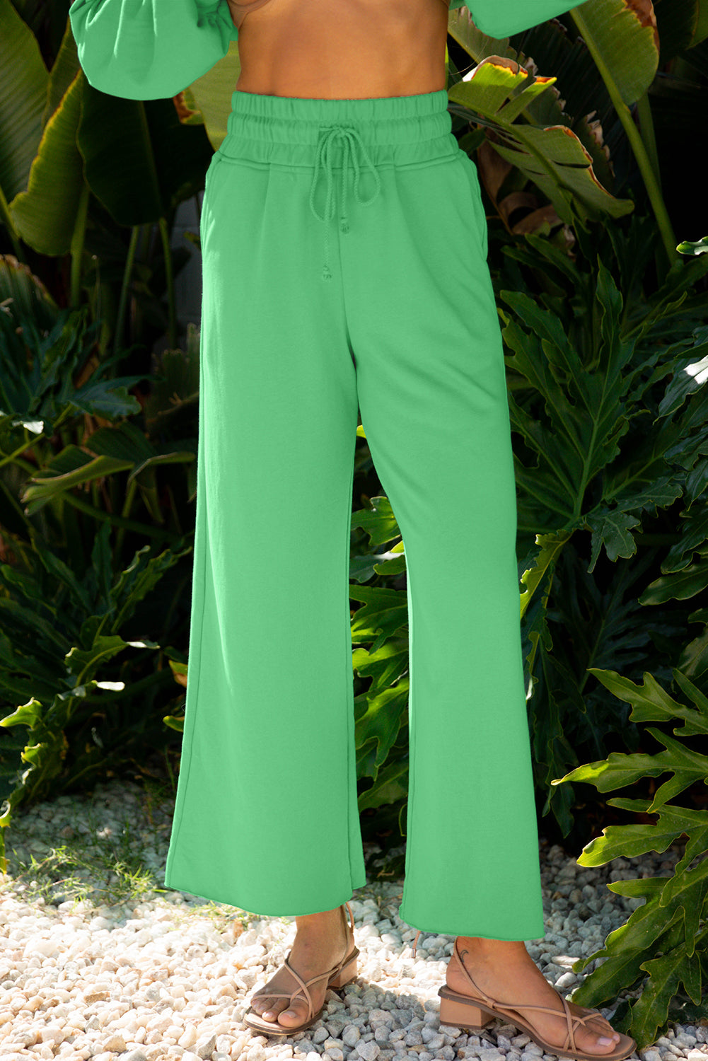 Drop Shoulder Puff Sleeve Crop Pullover & Wide Leg Pants Set