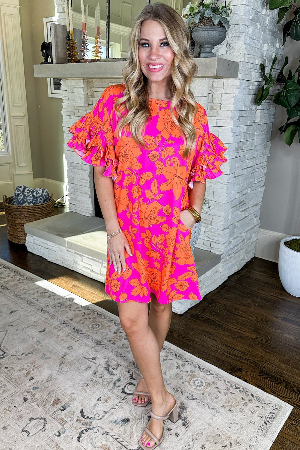 Pink Blooming Floral Print Voluminous Ruffled Sleeve Mini Dress