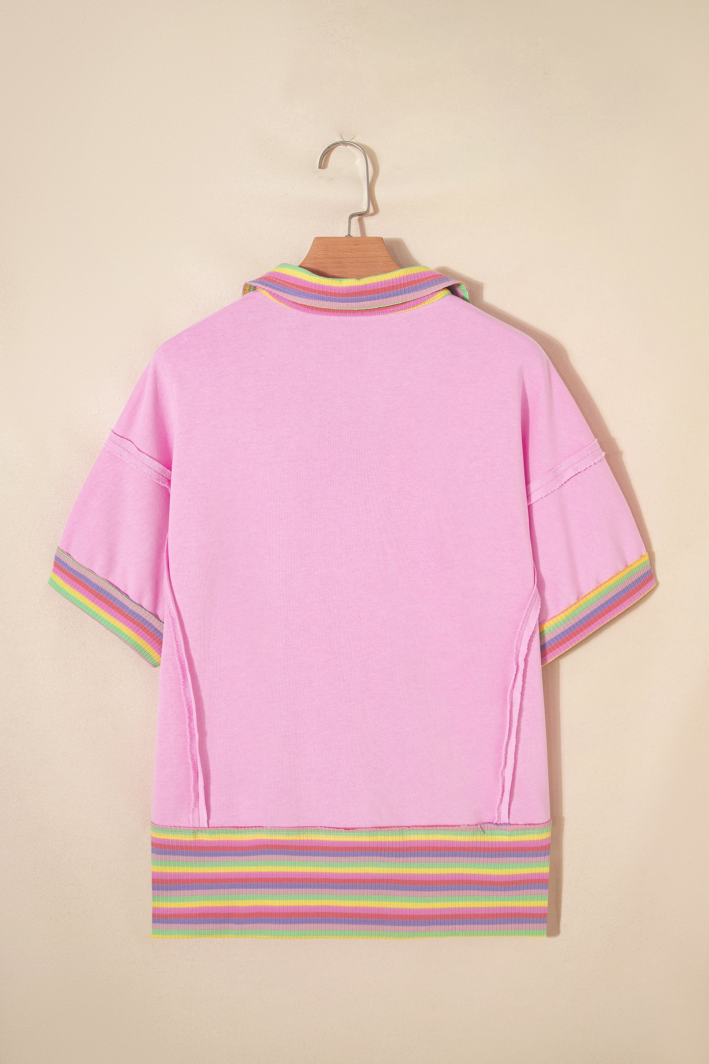 Pink Rainbow Stripe Ribbed Patchwork Raw Seam Oversized Polo Tee
