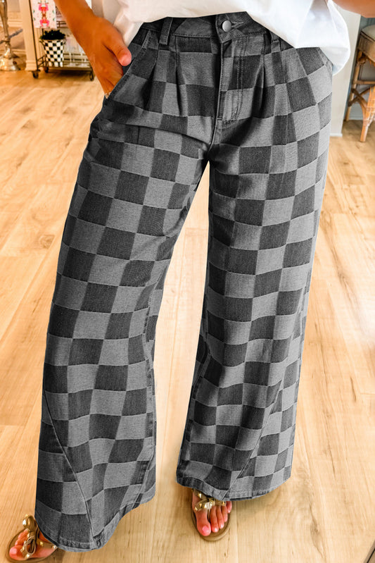 Denim Wide Leg Jeans Checkered Dark Grey Women Size 4–16