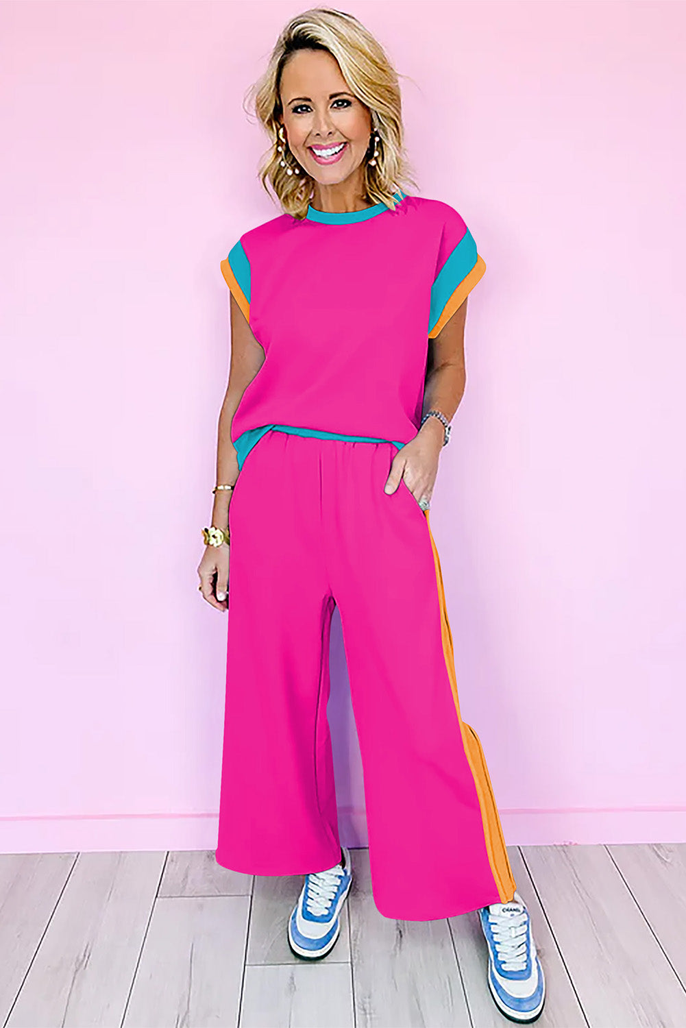Color Block Crew Neck Cap Sleeve Top & Ankle Wide Leg Pants Set | S–2XL | 7 Colours