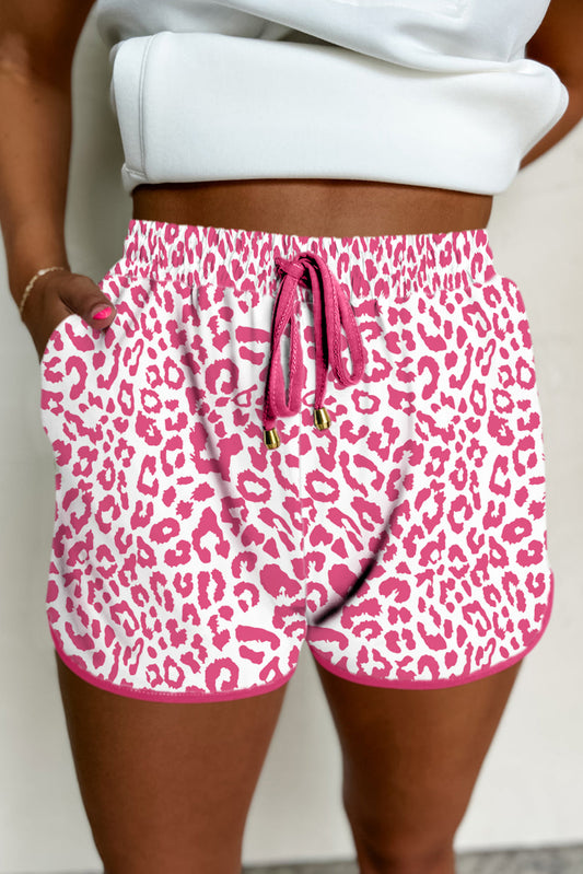 Pink Leopard Print Lace-Up Elastic Waist Contrast Trim Casual Shorts