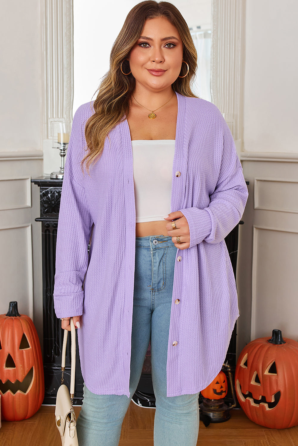 Waffle Knit Button-Front Drop Shoulder Cardigan | Plus Size | Orchid Petal | 1X–4X