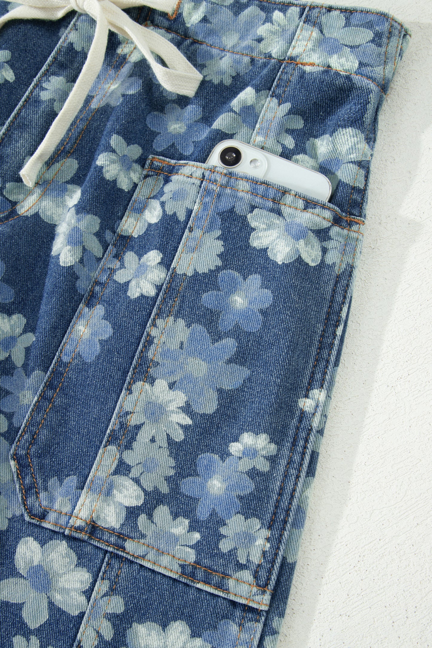 Denim Blue Floral Print Cropped Barrel Jeans | Women Size 4–16