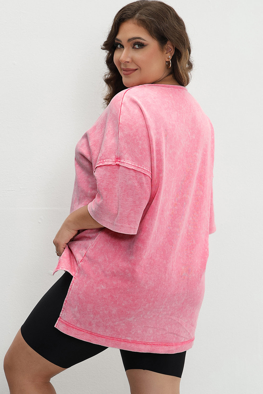 Mineral Wash Patchwork Drop Sleeve Tee | Plus Size | Strawberry Pink | 1X–3X