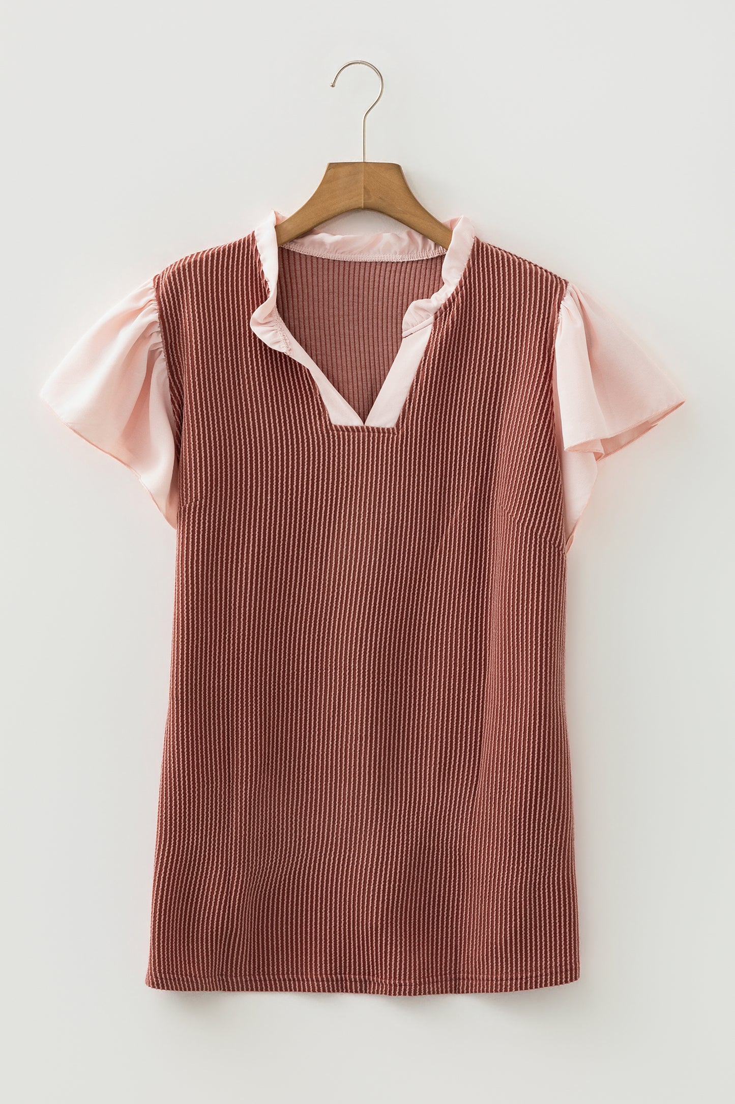 Frilled Neckline Ruffled Sleeve Ribbed Blouse | Plus Size | Rose Pink | L–4X