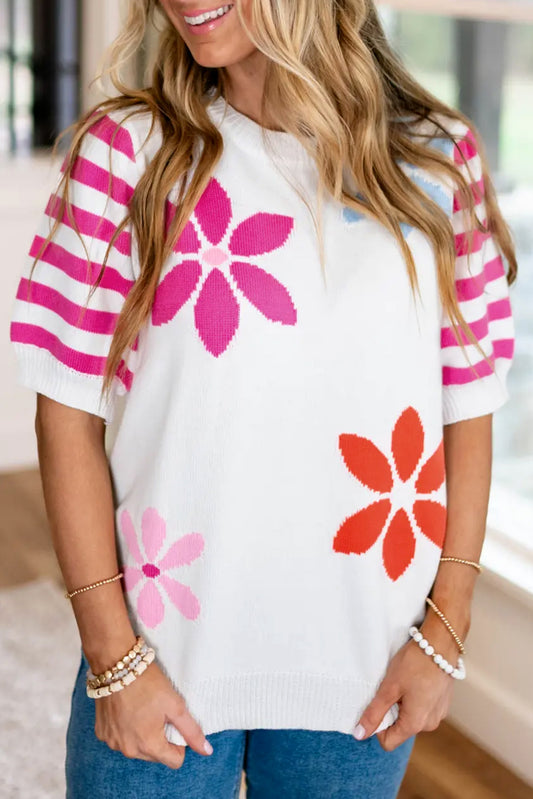White Floral Pattern Striped Sleeve Sweater T-Shirt