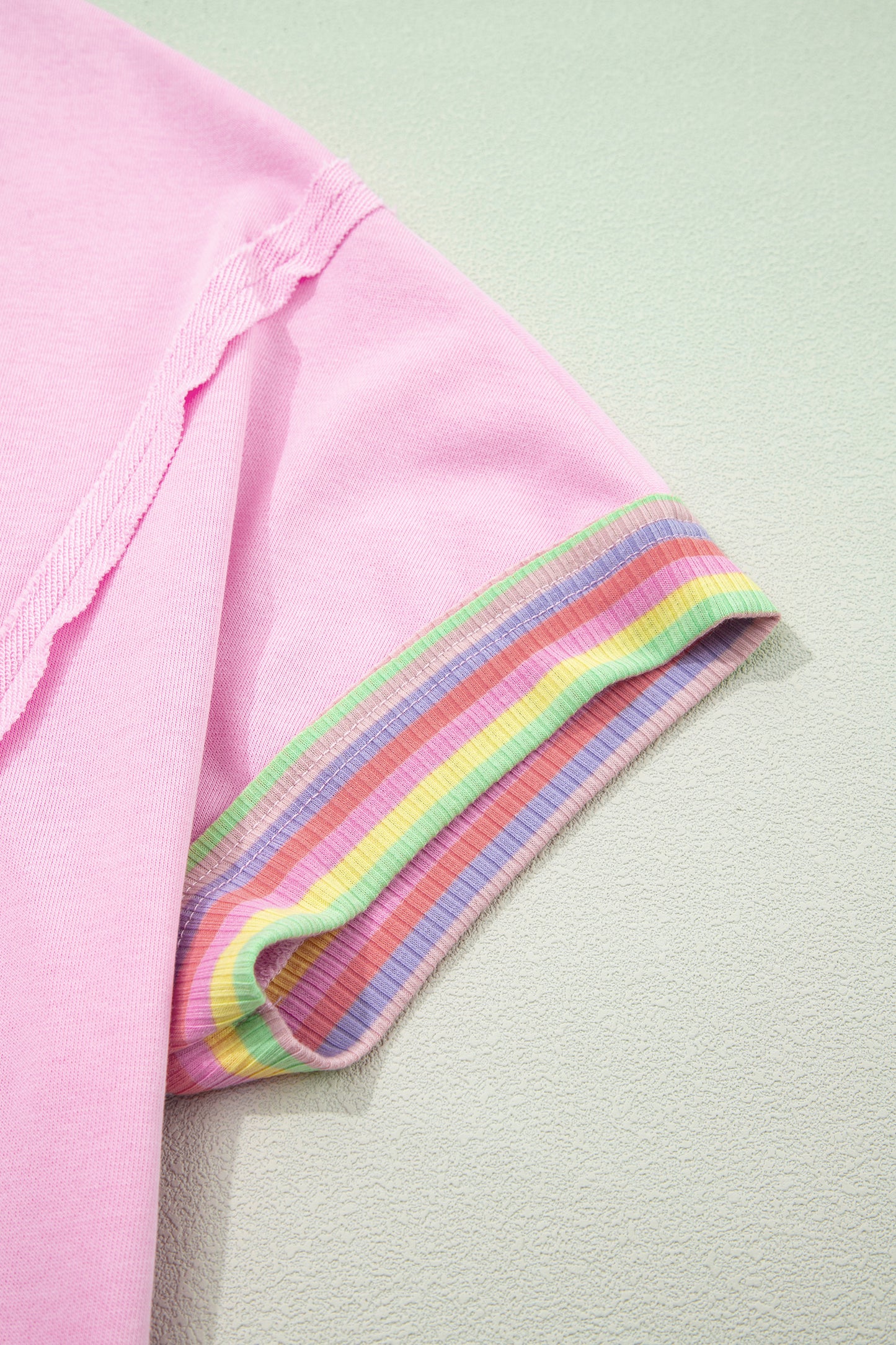Pink Rainbow Stripe Ribbed Patchwork Raw Seam Oversized Polo Tee