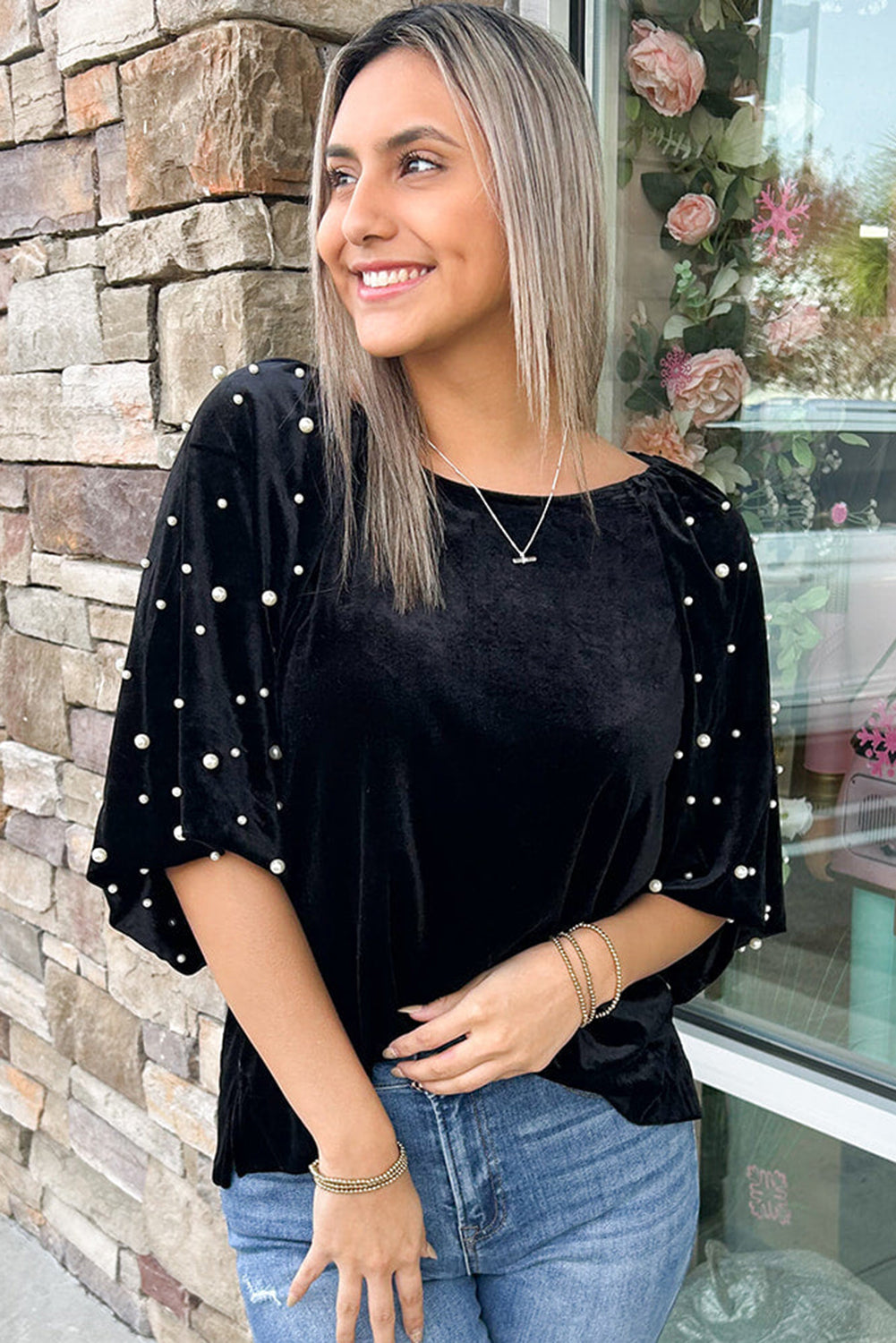 Pearl Beaded Half Sleeve Velvet Top