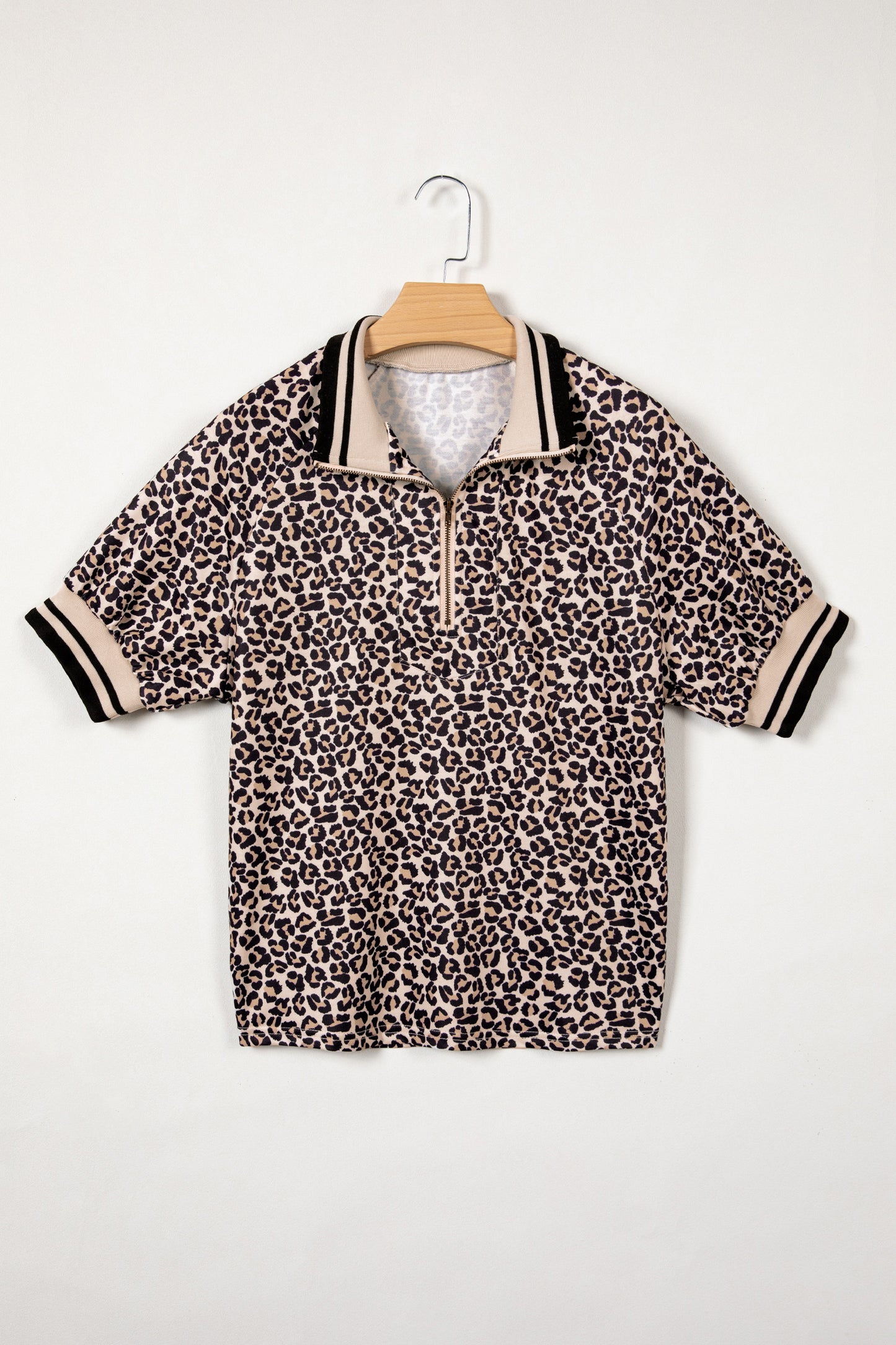 Leopard Print Half-Zip Striped Trim Patchwork Top in Brown
