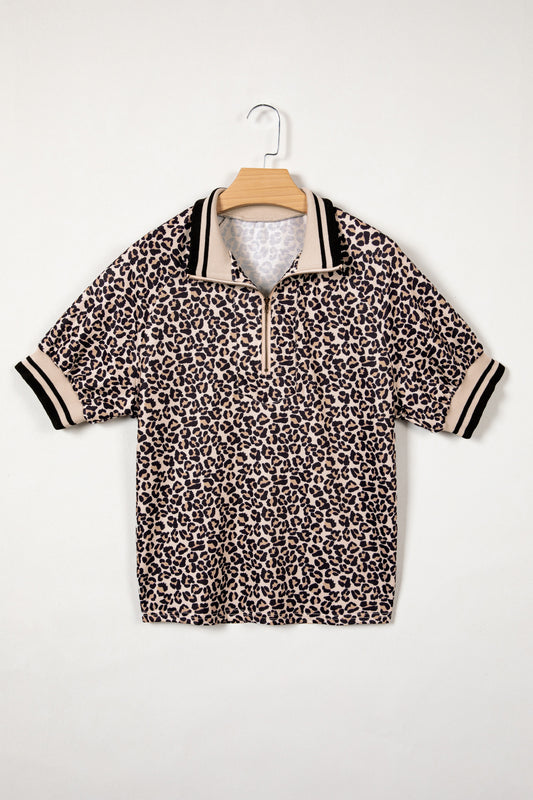 Leopard Print Half-Zip Striped Trim Patchwork Top in Brown
