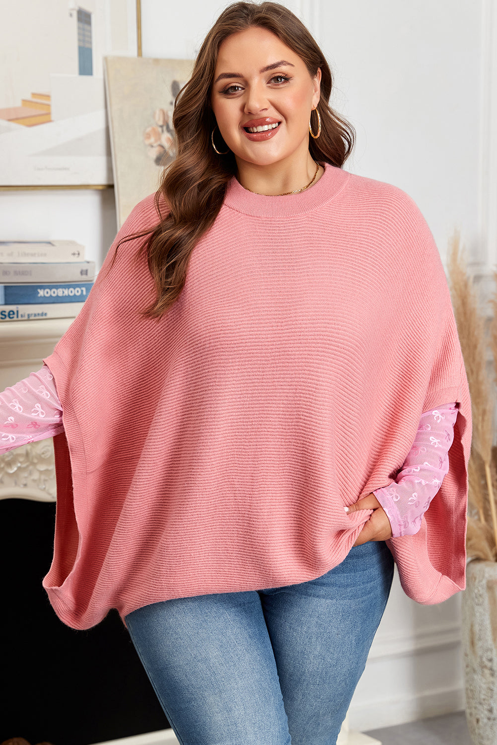Ribbed Knit Poncho Style Sweater | Plus Size | Light Pink | 1X–4X