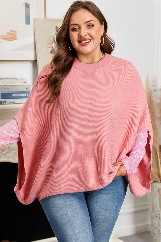Ribbed Knit Poncho Style Sweater | Plus Size | Light Pink | 1X–4X