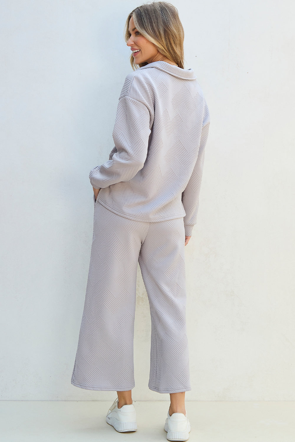 Textured V-Neck Collared Top Ankle-Length Wide Leg Pants Set