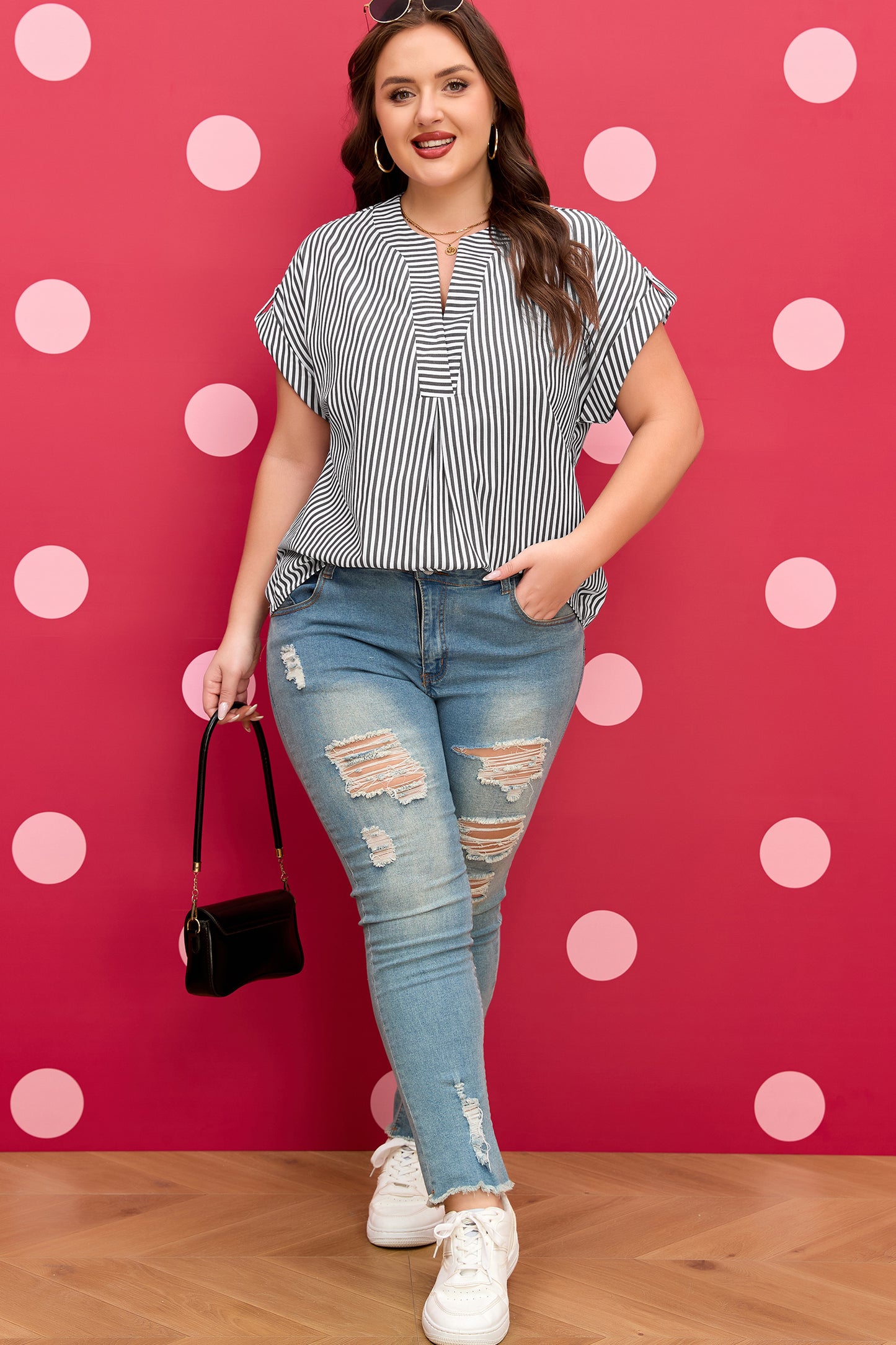 Women's Plus Size Black Striped Short Sleeve Blouse 1X–4X