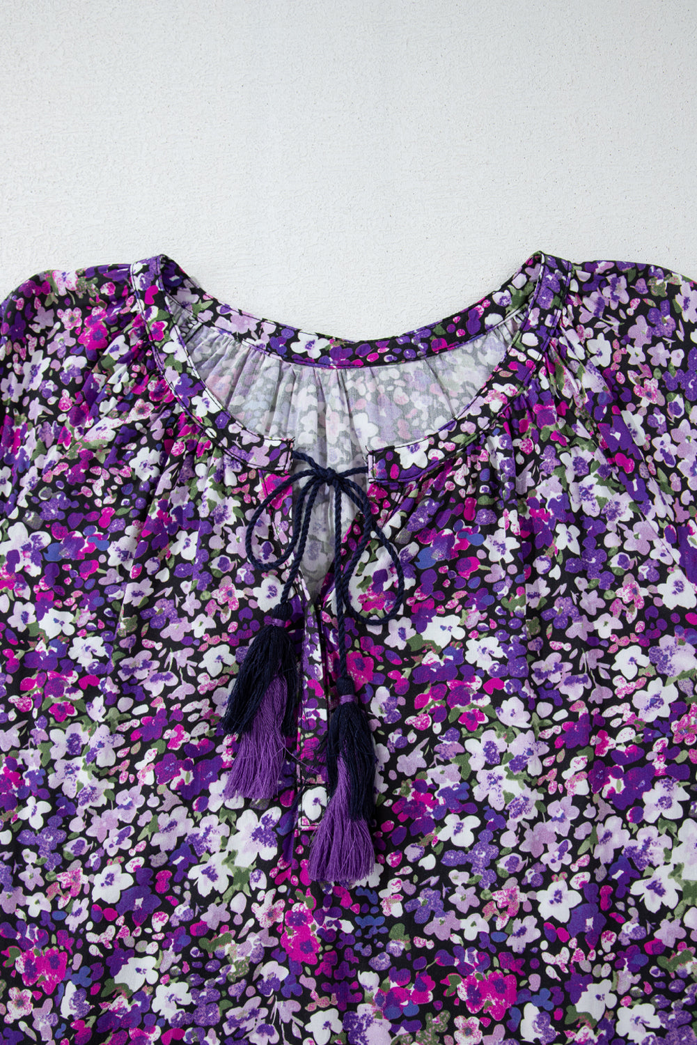 Boho Floral Split V-Neck Bubble Sleeve Blouse | Purple