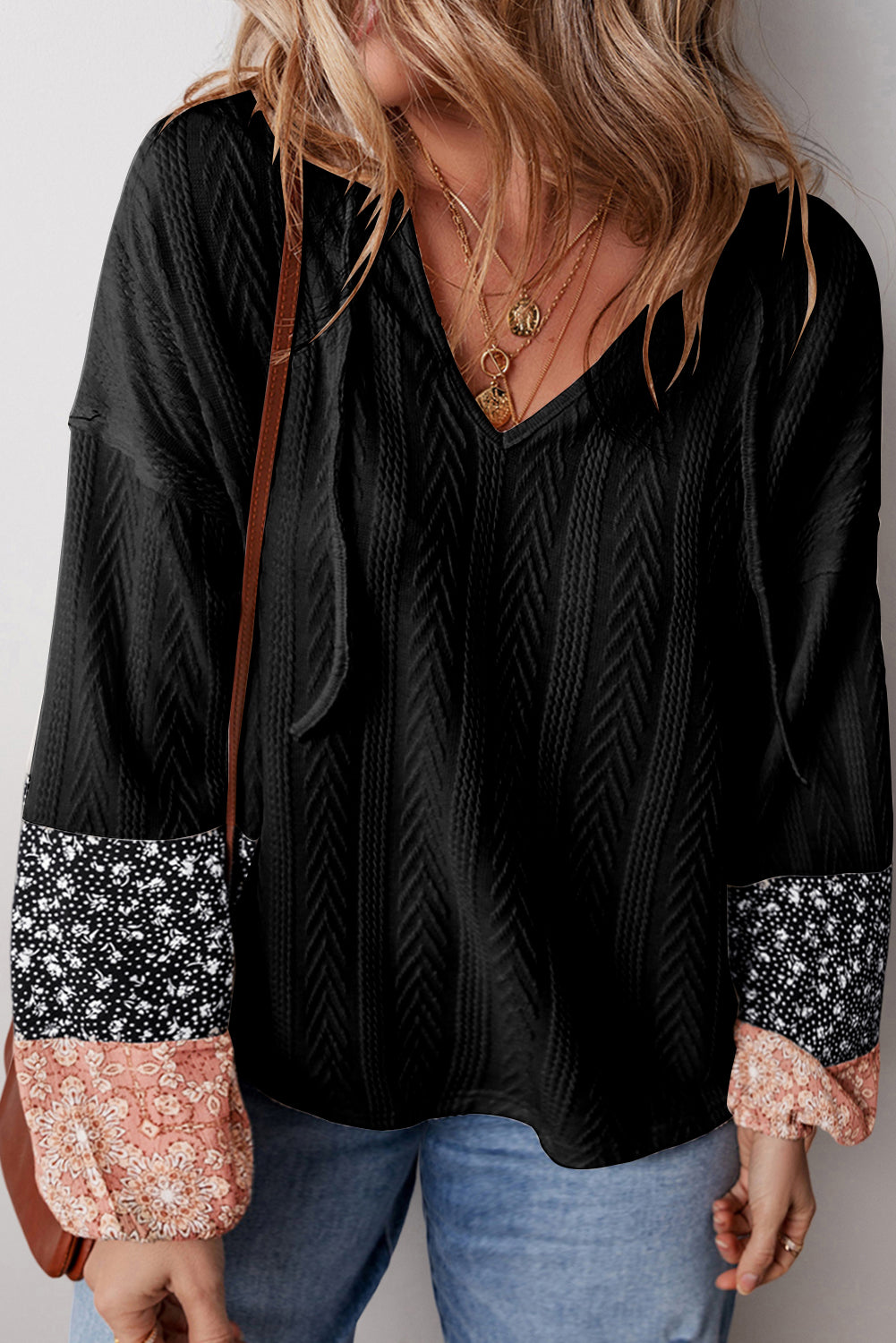 Floral Patchwork Textured Knit Drawstring V-Neck Blouse