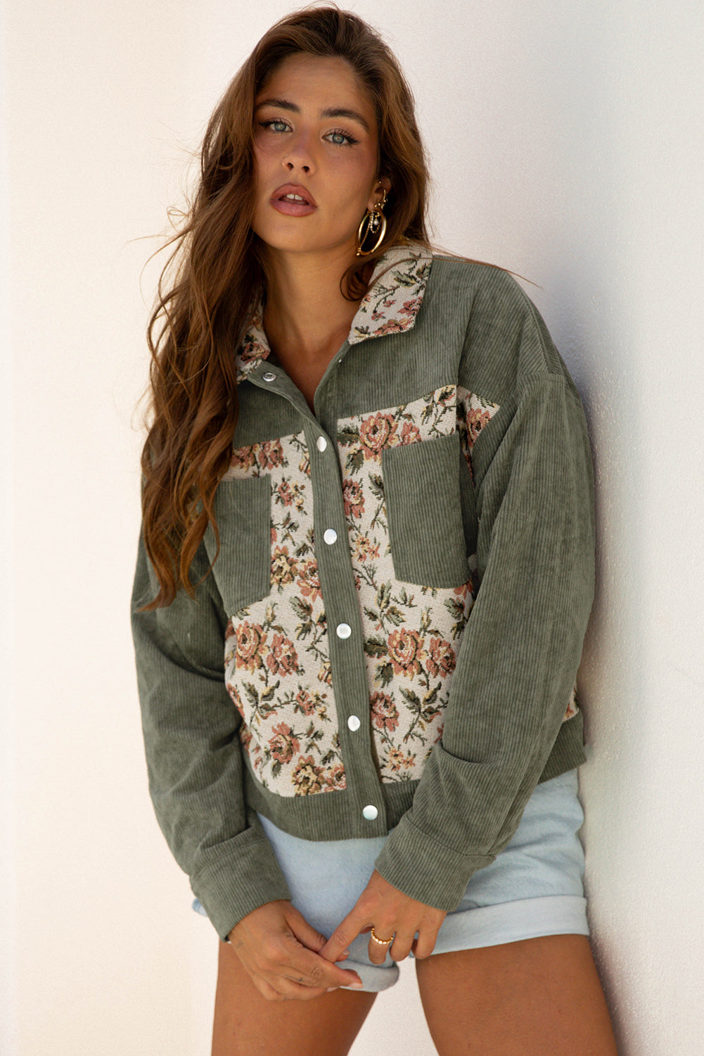 Ribbed Retro Floral Patchwork Frayed Collar Shirt Style Jacket