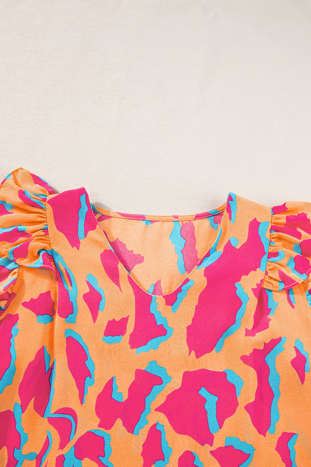 Abstract Print V-Neck Double Ruffle Sleeve Blouse