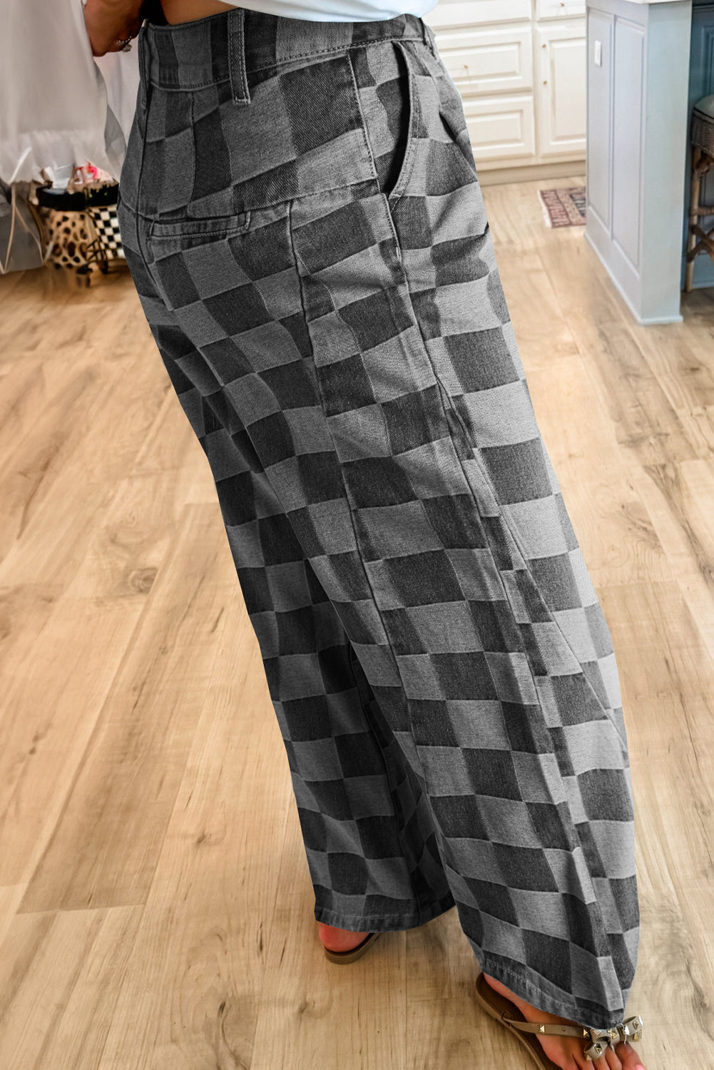 Denim Wide Leg Jeans Checkered Dark Grey Women Size 4–16