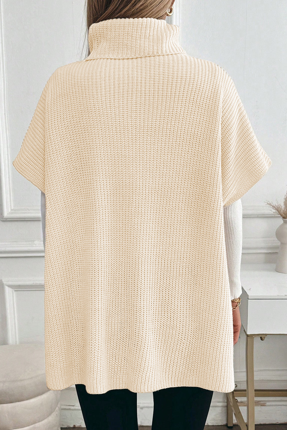 Turtleneck Short Sleeve Tunic Sweater with Pockets
