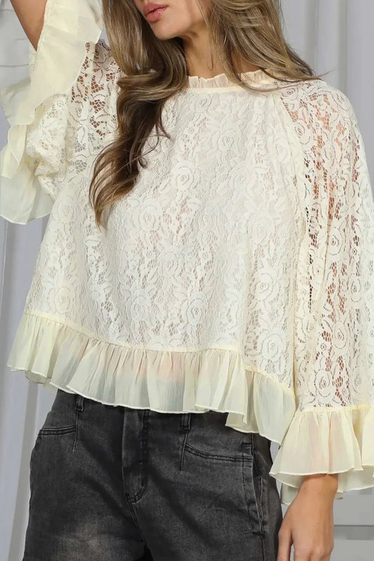 White Lace Long Sleeve Ruffle Blouse Women S–XL