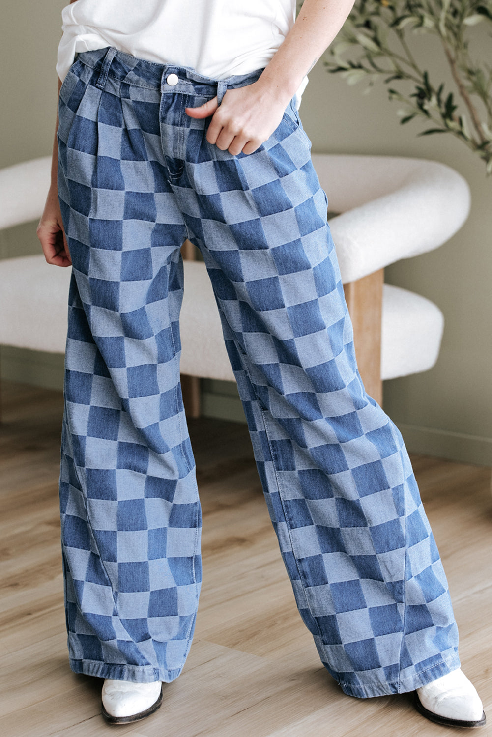 Denim Wide Leg Jeans Checkered Light Blue Women Size 4–16
