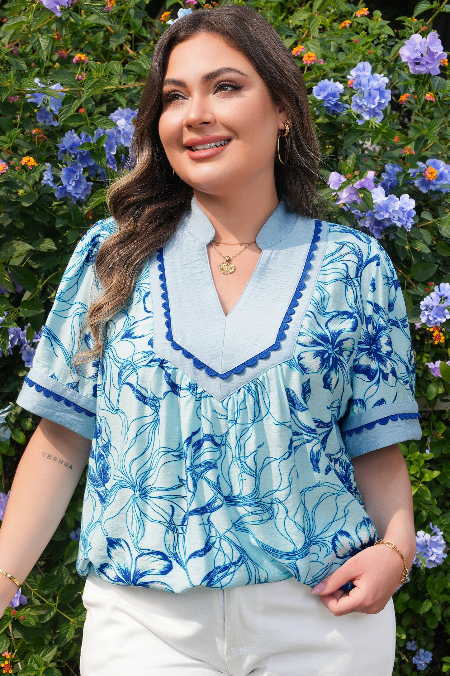 Plus Size Scalloped Trim Floral Short Sleeve Blouse | 1X–4X | Blue
