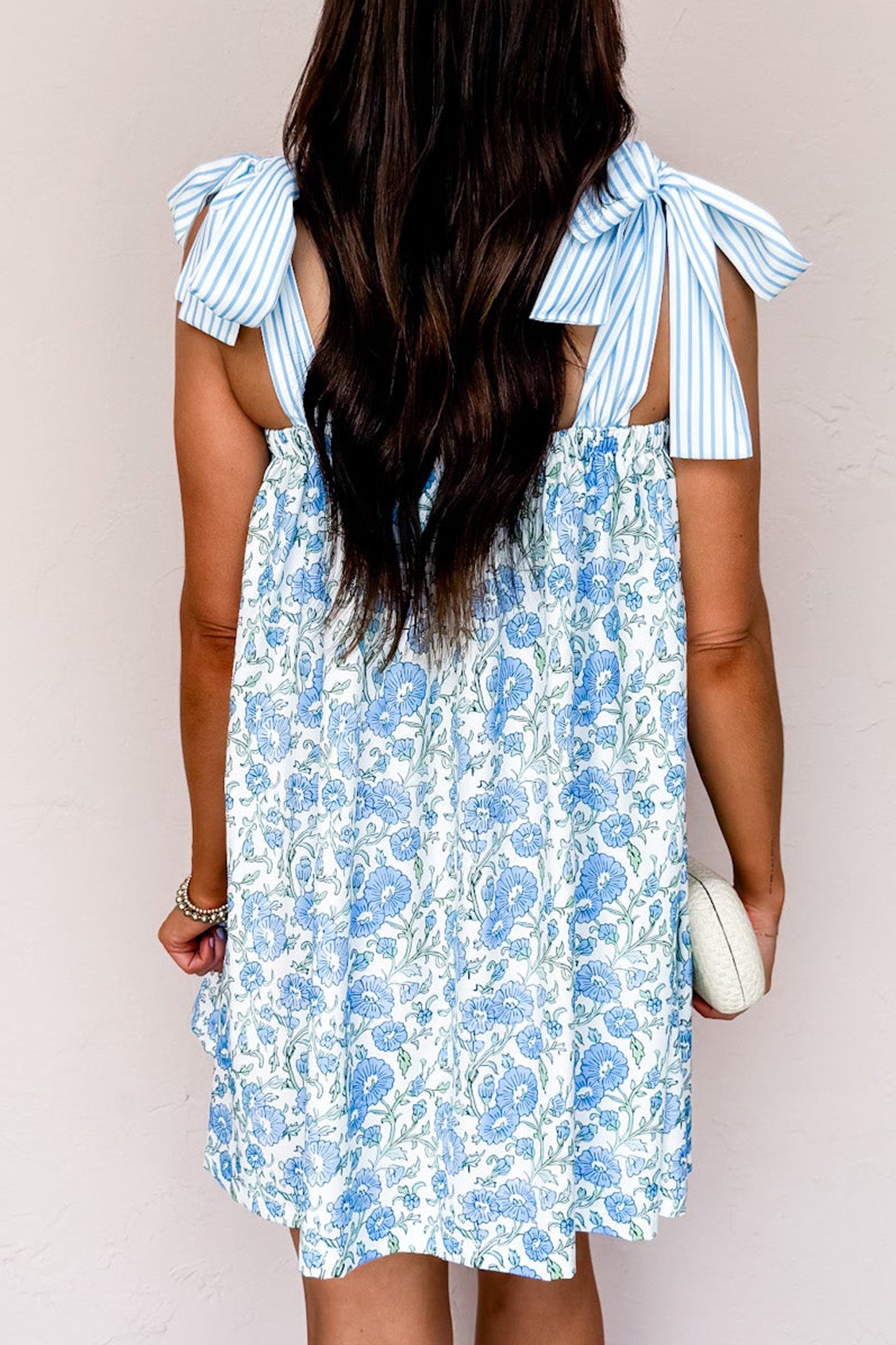 Sky Blue Floral Print Striped Bow Strap Mini Dress | S–XL