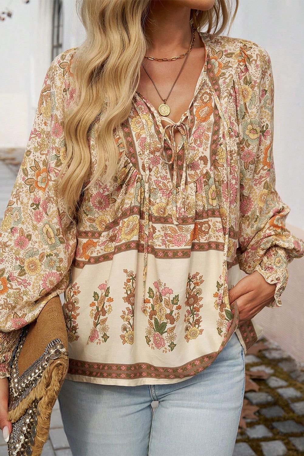 khaki Floral Print Tie Neck Lantern Sleeve Blouse