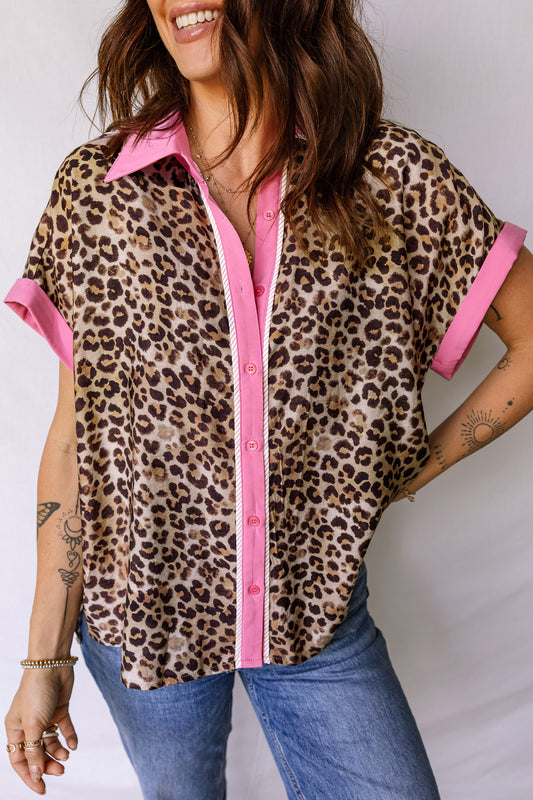 Leopard Print Contrast Trim Button-Up Short Sleeve Shirt