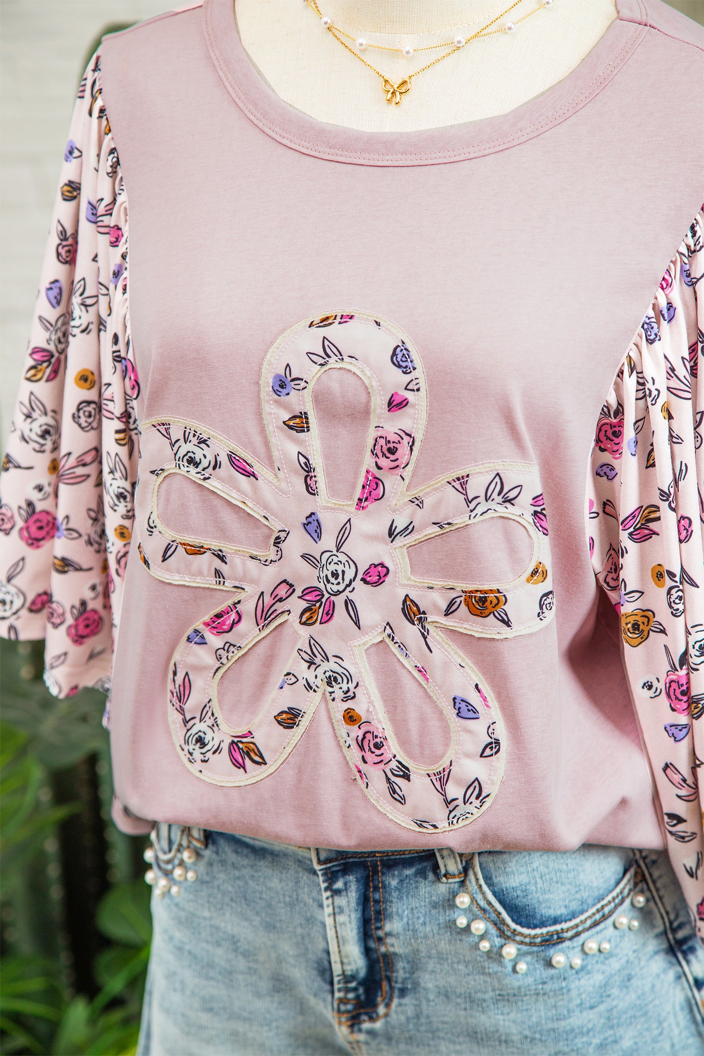 Pink Floral Patchwork Flowy Half Sleeve Blouse | Women S–XL