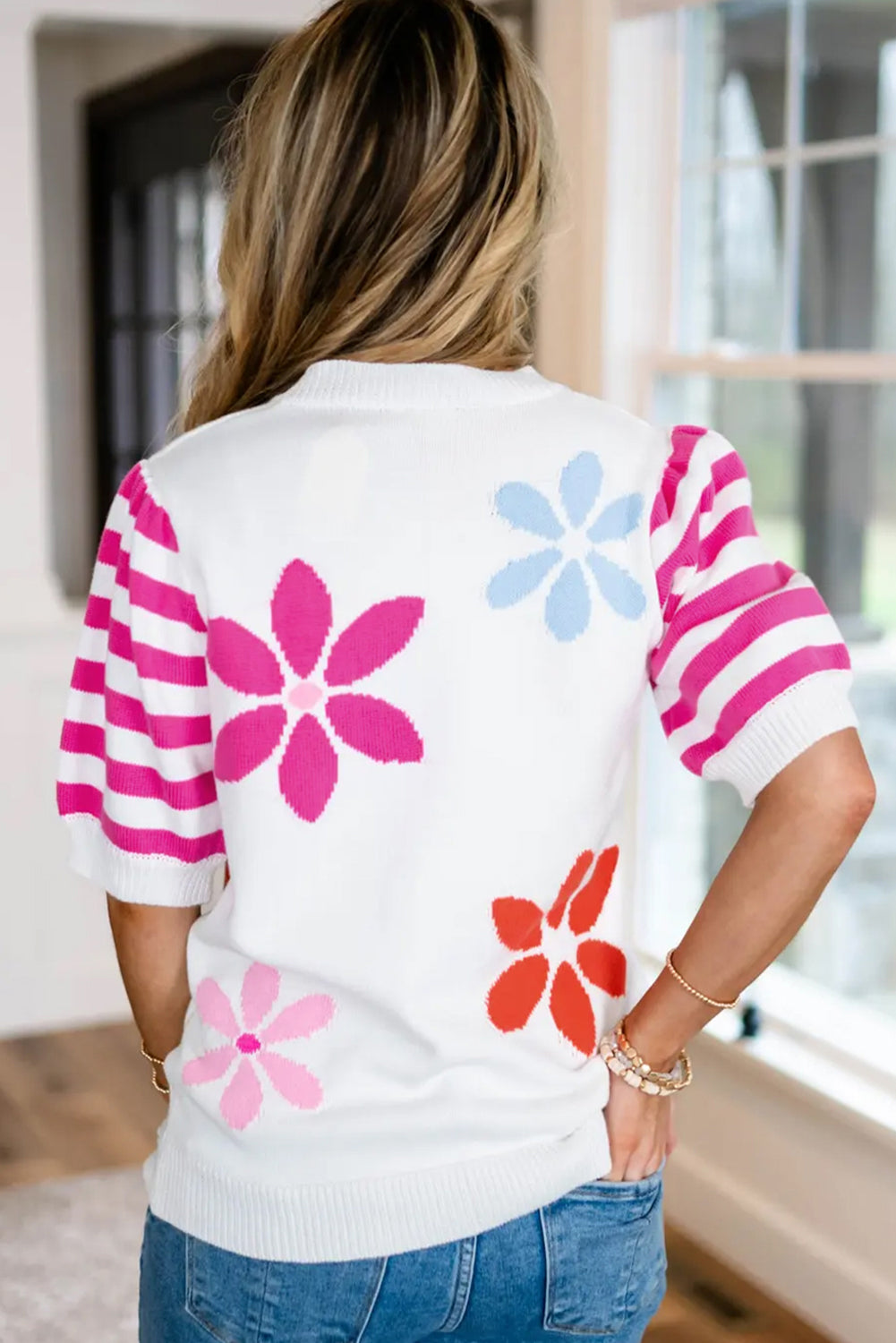 White Floral Pattern Striped Sleeve Sweater T-Shirt